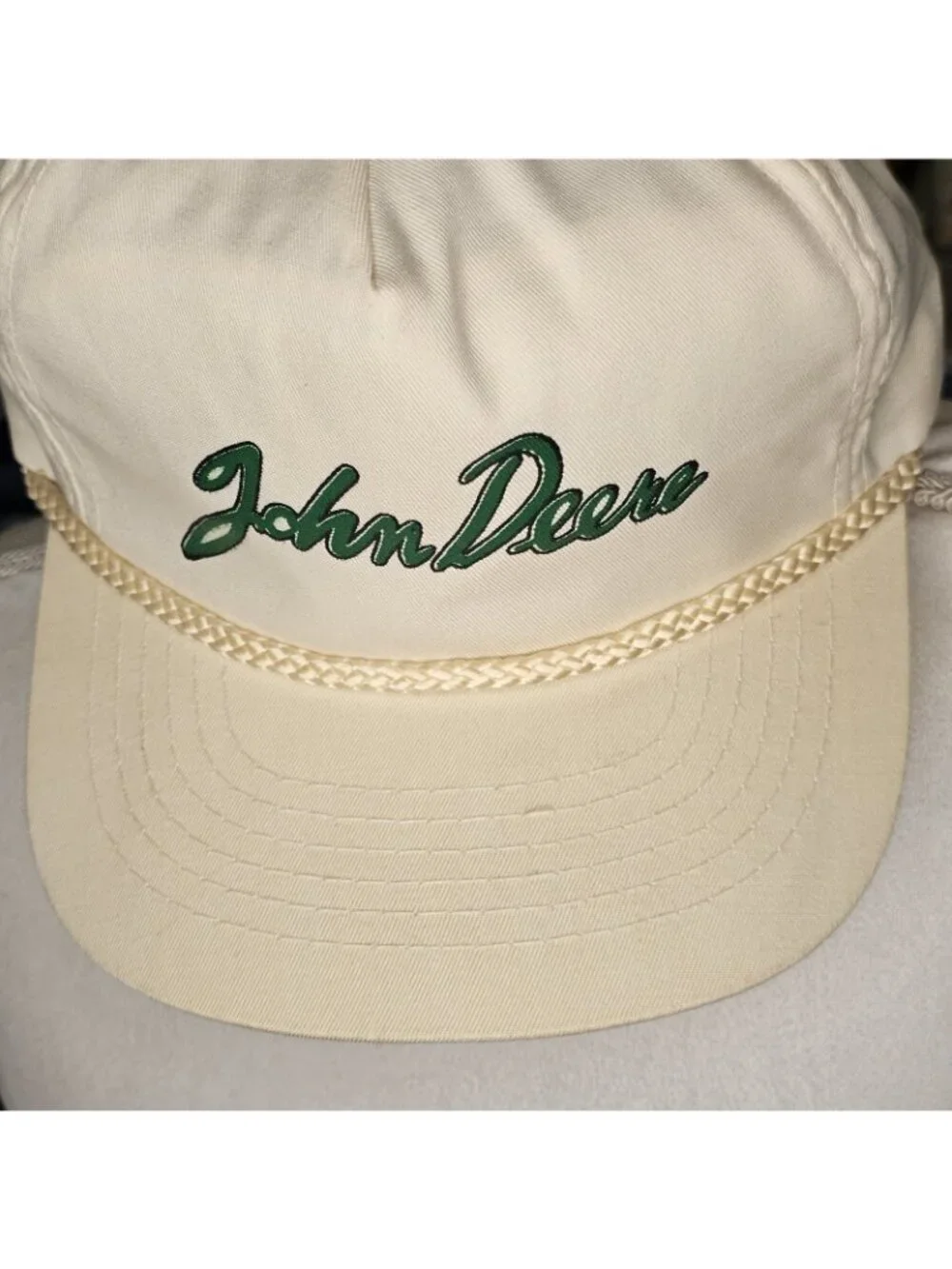 VTG‎ John Deere Ball Rope Hat Cap Adjustable Slide Cursive White 80s Youngan